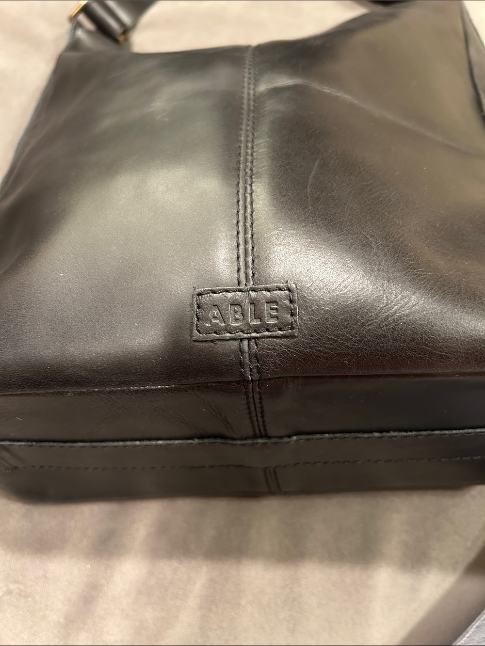 ABLE Black Genuine Leather Hobo Bag Shoulder Purse Adjustable Strap Zip Closure - Picture 5 of 12